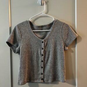 Gray Ribbed Button-Up Top